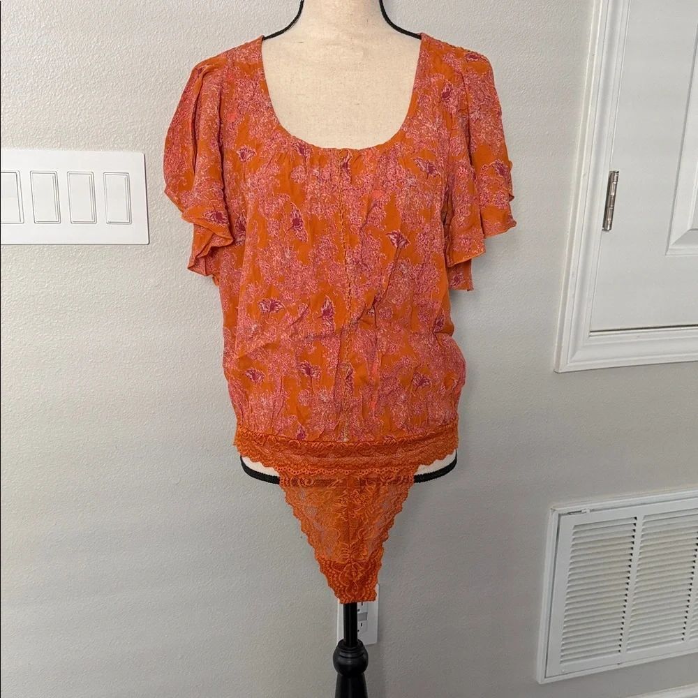NWOT Free People Intimately Hearts Flutter Orange Floral Bodysuit Size S